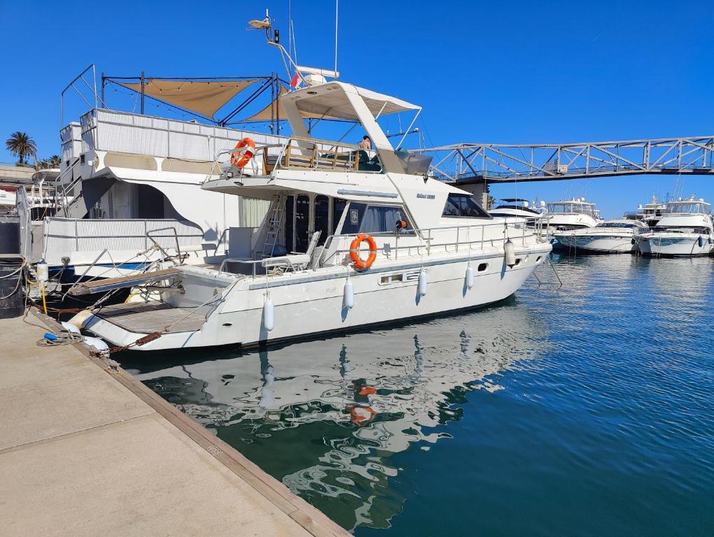 ein weißes Boot an einem Dock im Wasser angedockt in der Unterkunft Barco Barcelona in Barcelona