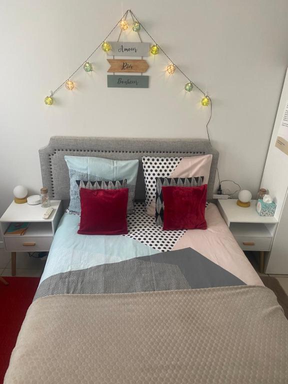 Vaires-sur-Marne的住宿－Chez Simina，一间卧室配有一张带红色枕头和灯的床。