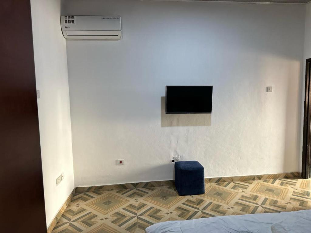 1 dormitorio con TV en la pared y 1 cama en Nyawoyi Villa en Tokuse