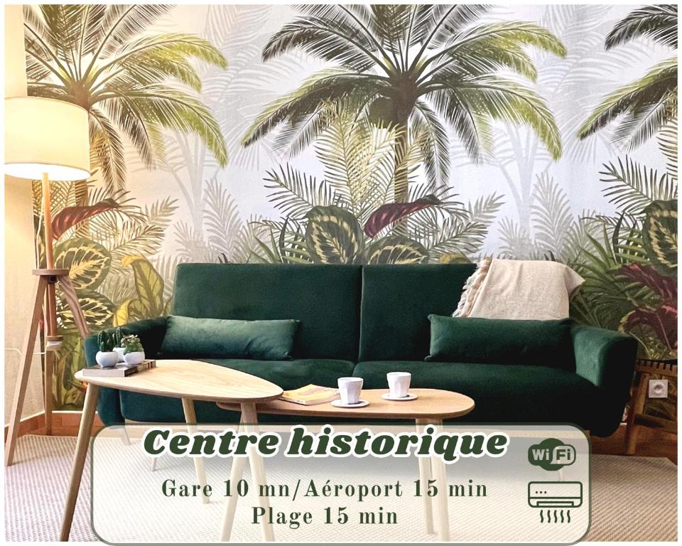 sala de estar con sofá verde y mesa en Le Palmae, appartement cosy, cœur de ville, climatisé, en Hyères