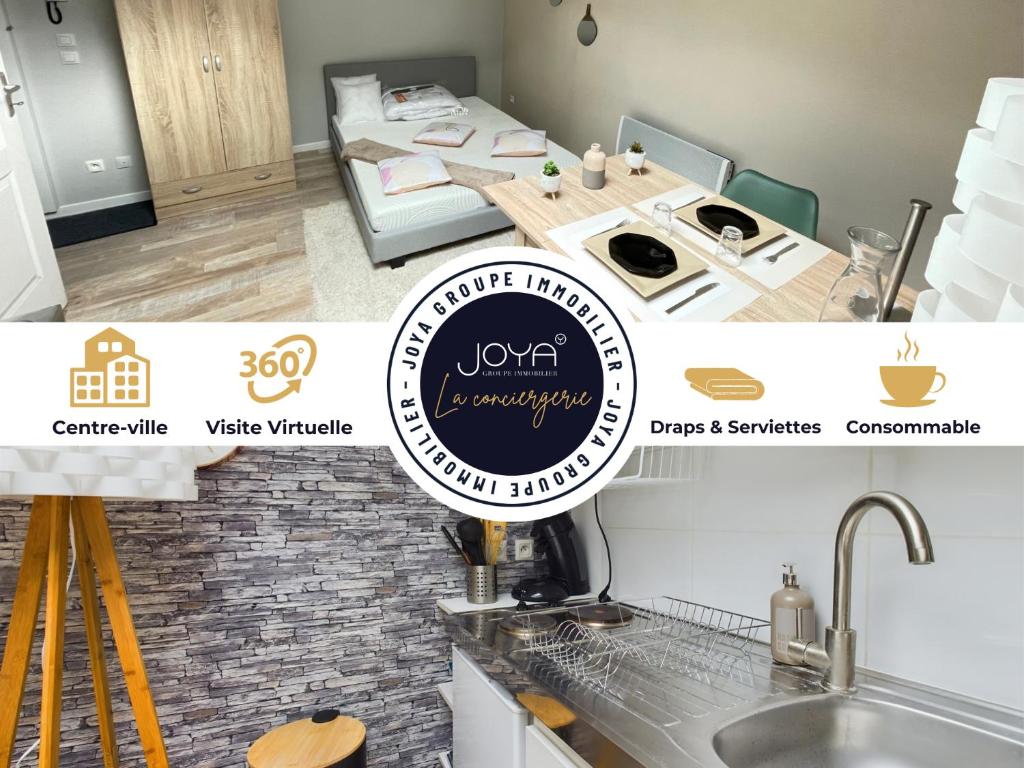 un collage d'une pièce avec une cuisine avec une table dans l'établissement Le Cocon Romillon, à Romilly-sur-Seine