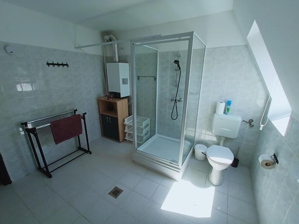 a white bathroom with a shower and a toilet at AMRI Apartman in Balatonföldvár