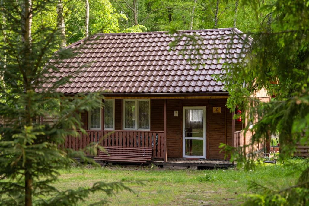 ein kleines Holzhaus mit einer Veranda im Wald in der Unterkunft Domki Zacisze, Okoniny in Śliwice