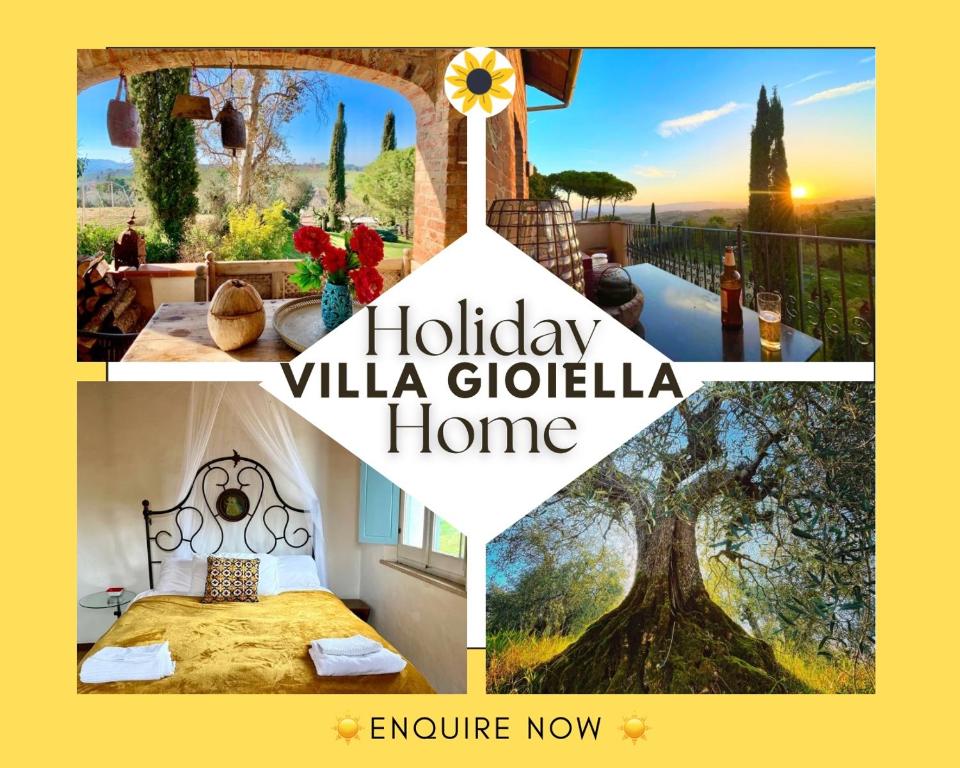 un collage de fotos de una villa con una foto de un dormitorio en Magical Villa Gioiella 6 Bedroom Holiday Home on the Umbria Tuscany Border, en Gioiella