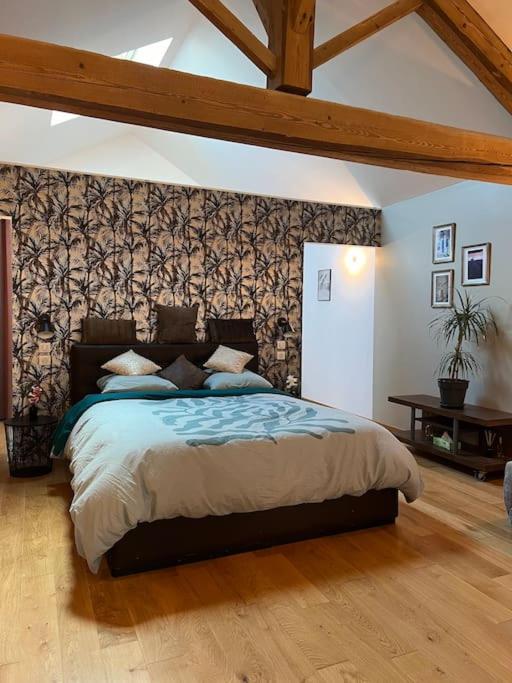une chambre avec un grand lit dans une pièce dans l'établissement 5 mn Vienne, confort et calme à la campagne, à Reventin-Vaugris