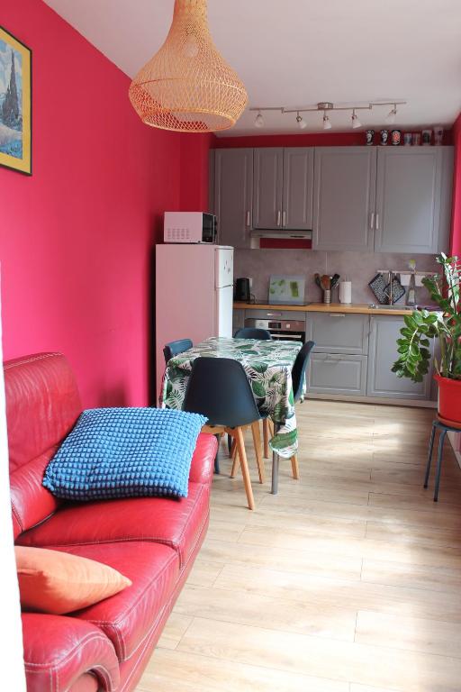 ブザンソンにあるAPPARTEMENT CENTRE HISTORIQUEの赤いリビングルーム(赤いソファ付)、キッチン