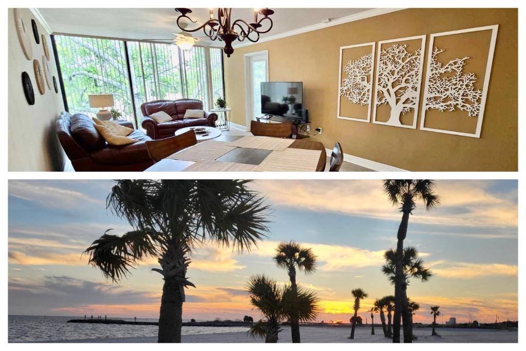 dos fotos de una sala de estar con palmeras en Seaside Treasure en Biloxi