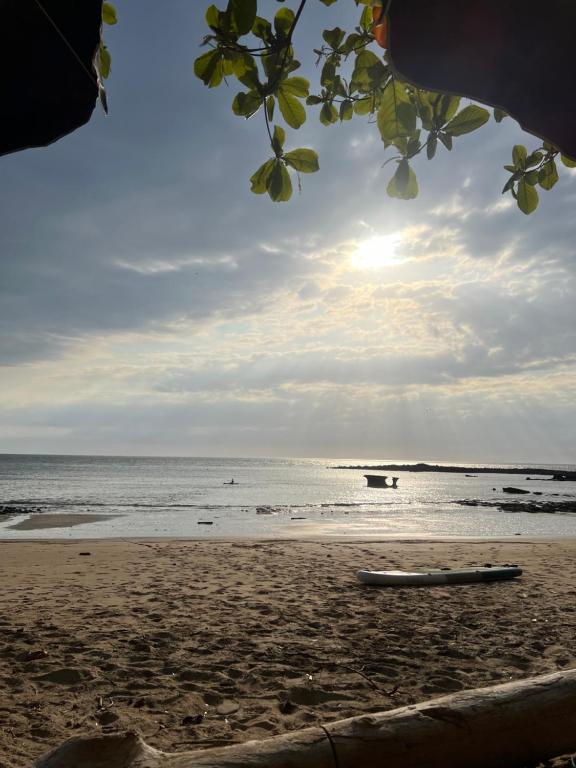 vistas a una playa con una tabla de surf en la arena en Hostel-Island Paradise, Saboga Lodge and Villa Noelia en Panamá