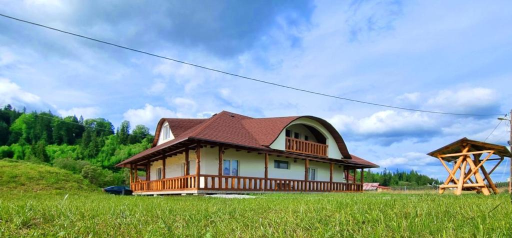 una casa en un campo con un campo verde en Cabana Iriss, en Podu Coşnii