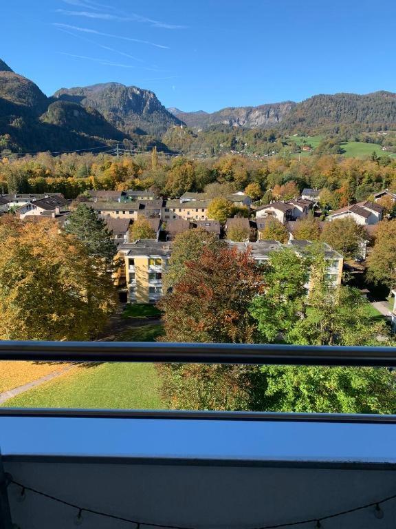 a view from a window of a town with mountains at 98, Bergblick, 2 Schlafzimmer, Dusche , WC, Küche, Wohnzimmer in Bad Reichenhall