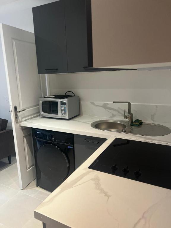 une cuisine avec un lave-linge et un micro-ondes dans l'établissement Appartement proche casino monte Carlo, à Beausoleil
