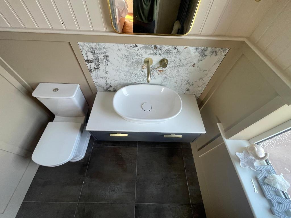 een kleine badkamer met een wastafel en een toilet bij Grey Heron Townhouse in Newcastle