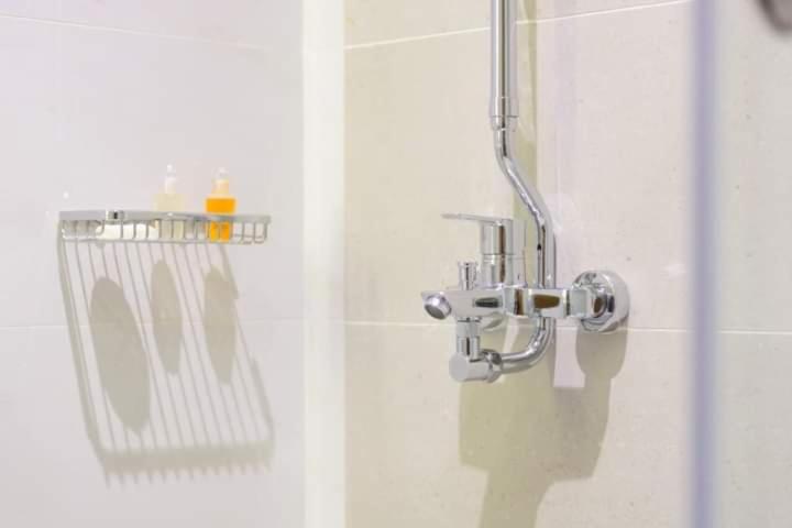 een douche in een badkamer met een glazen deur bij Karachi Airport Hotels in Karachi