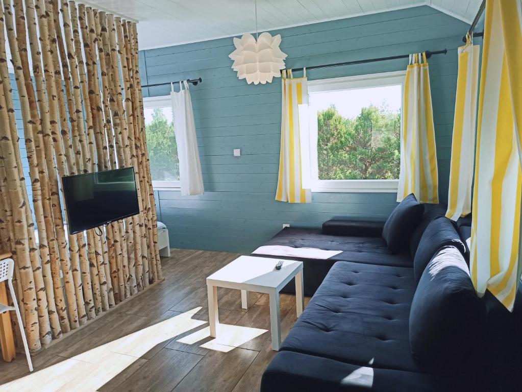 a living room with a couch and a tv at Pod Wierzbami in Żuławki