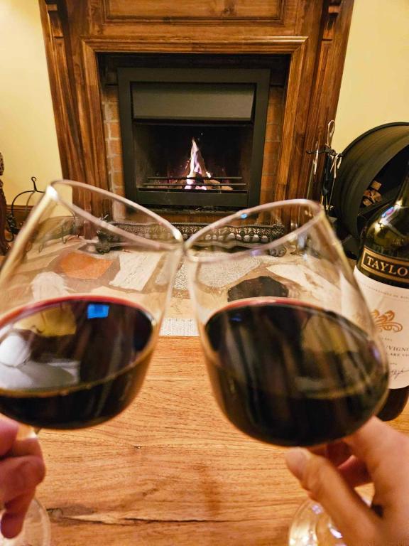 two people holding glasses of wine in front of a fireplace at The Gamekeepers Spa Cottage in Tamborine Mountain in Mount Tamborine