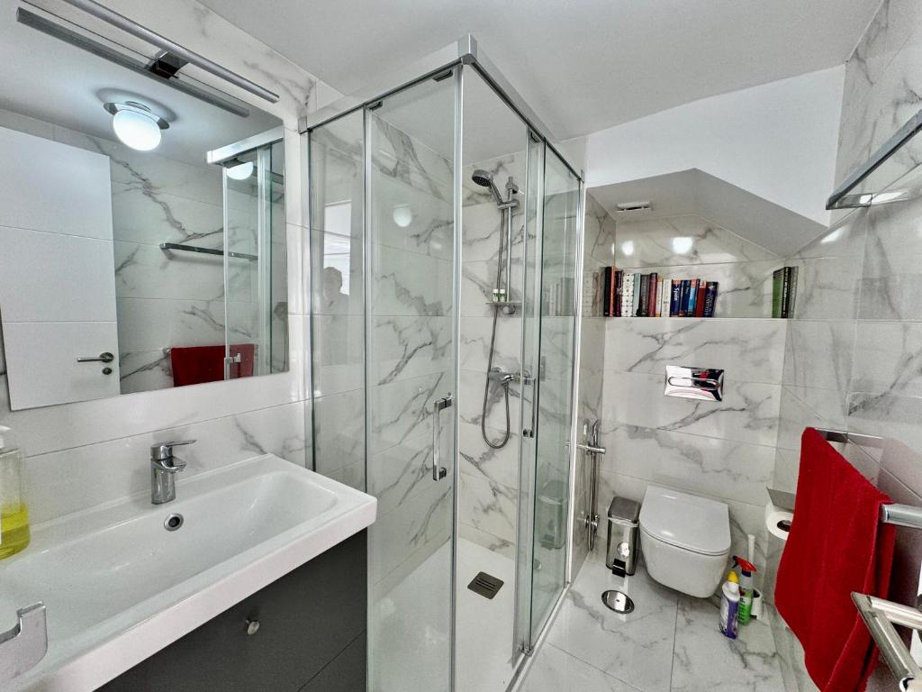 マルベーリャにあるSkol Apartments Marbellaのバスルーム(シャワー、洗面台、トイレ付)