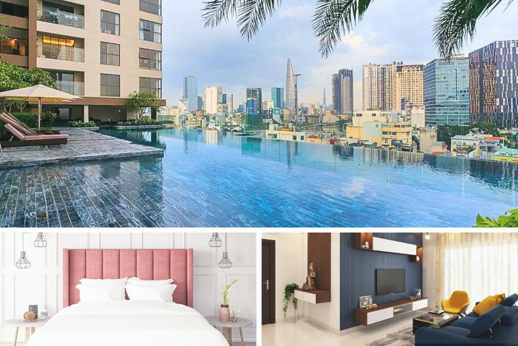 um quarto de hotel com piscina e uma cidade em Delightful Apartment - Masteri Millennium - FREE Infinity Pool em Ho Chi Minh