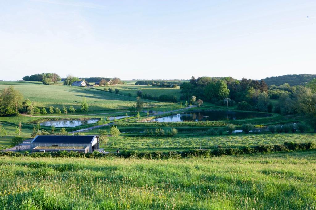 una granja en medio de un campo con un río en Nouveau! Gîte contemporain entouré de 10 étangs, en Florennes