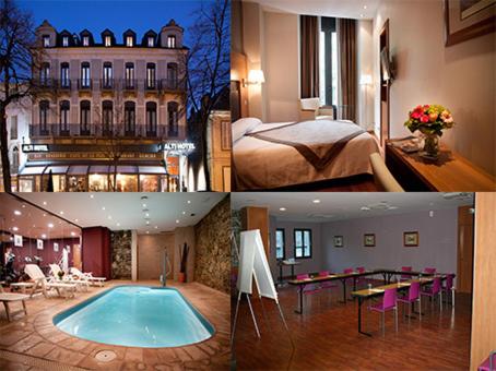 uma colagem de fotografias de um hotel com piscina em Alti Hôtel em Luchon