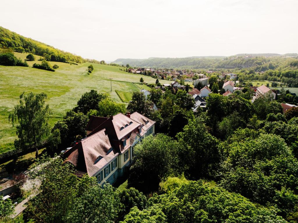 eine Luftansicht eines Hauses in den Bäumen in der Unterkunft Villa Levin: 120m², bis 8 Pers, free Wifi & parken 