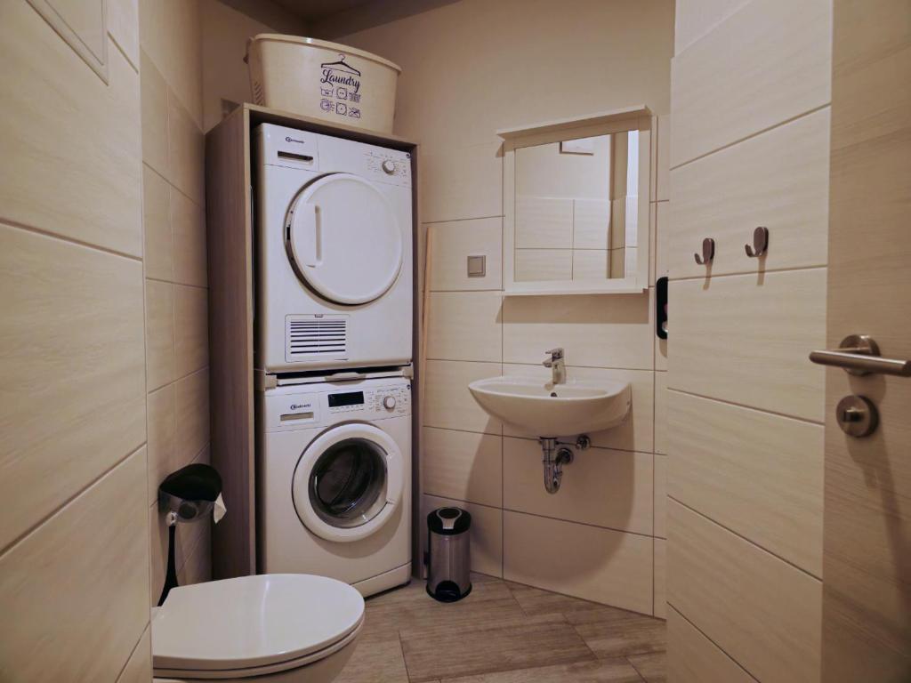 uma pequena casa de banho com uma máquina de lavar roupa e um lavatório em 1880 Lofthaus & Apartmenthaus em Gera