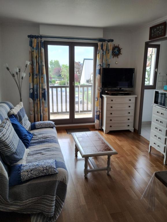 un salon avec un canapé et une télévision dans l'établissement Appartement Cabourg Plage, à Cabourg
