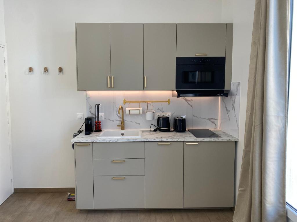 Kuchyň nebo kuchyňský kout v ubytování Appartement moderne climatisé Monaco vue Mer