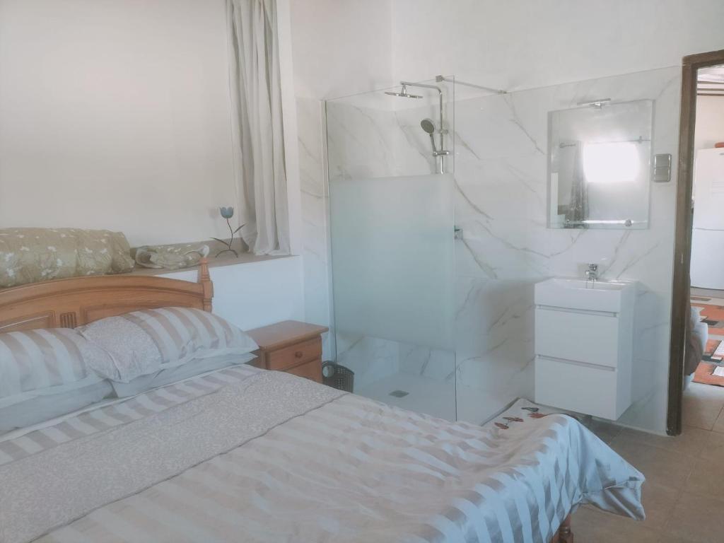 una camera bianca con letto e doccia di Casita Estherose a Vélez-Rubio