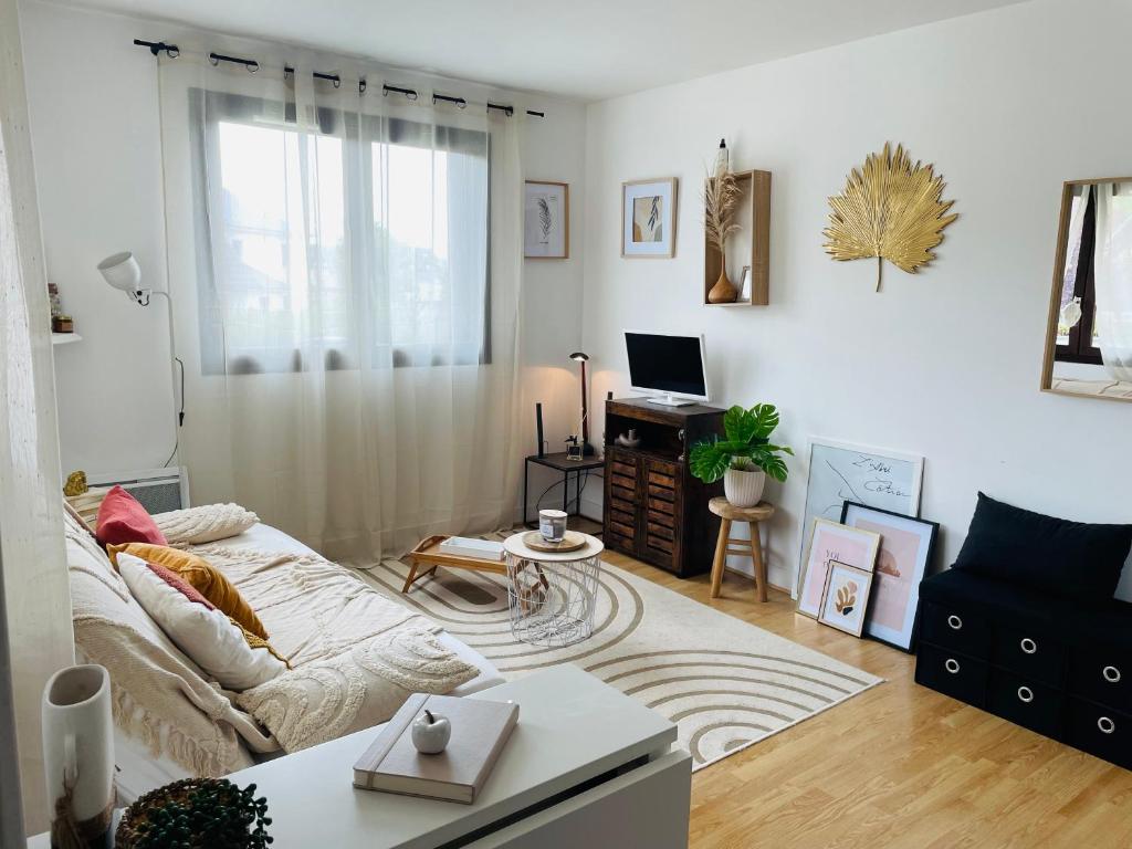 ein Wohnzimmer mit einem Sofa und einem Tisch in der Unterkunft L Abri Côtier -Studio au calme 2 pas de la plage et du centre de ville in Blonville-sur-Mer