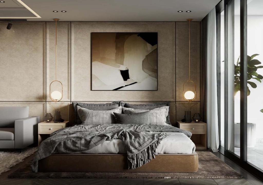 a bedroom with a bed with a picture on the wall at Landmark 81 and Vinhomes Riverside Residence in Ho Chi Minh City