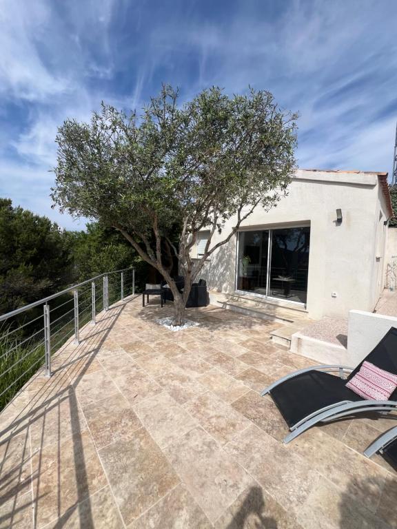 un patio avec un arbre à côté d'un bâtiment dans l'établissement Mini Villa 30 m2 max 4 personnes, à Ensuès-la-Redonne