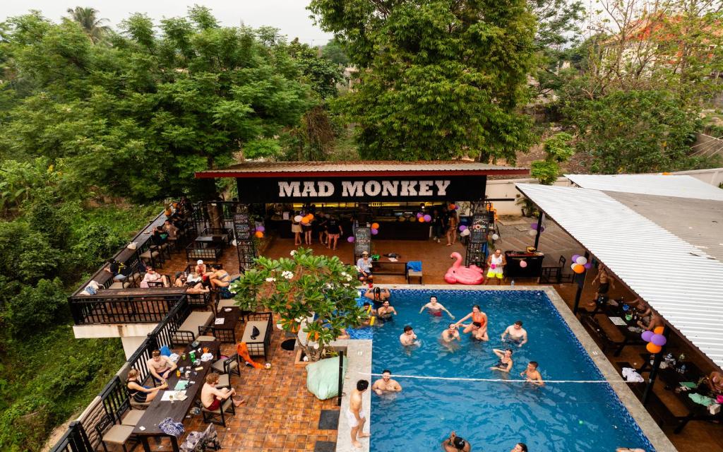 an overhead view of a pool at a mad monkey resort at Mad Monkey Vang Vieng in Vang Vieng