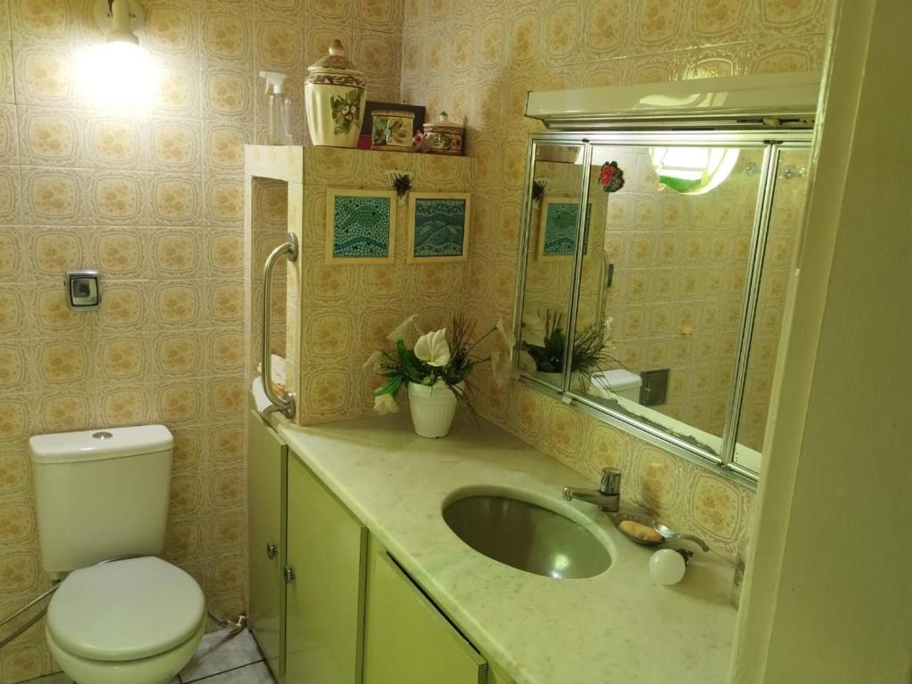 ein Badezimmer mit Waschbecken, Toilette und Spiegel in der Unterkunft CASA 2024 - São João Campina Grande/PB in Campina Grande