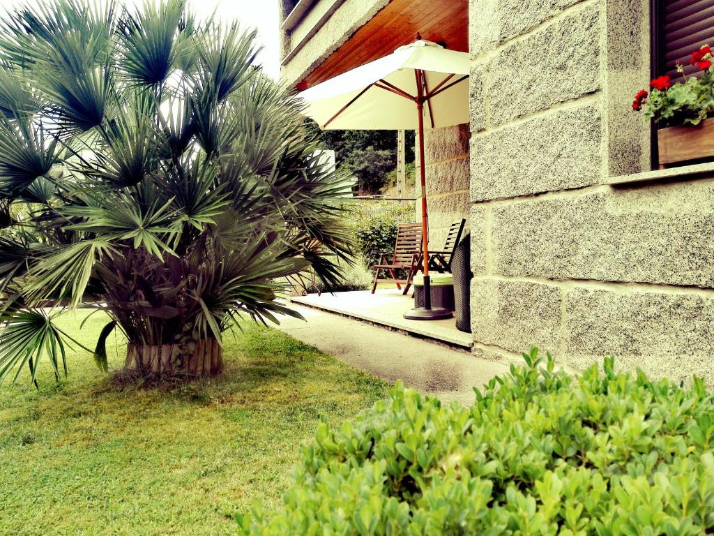 una palmera sentada junto a un edificio con sombrilla en Apartamentos El Valle en Bubaces
