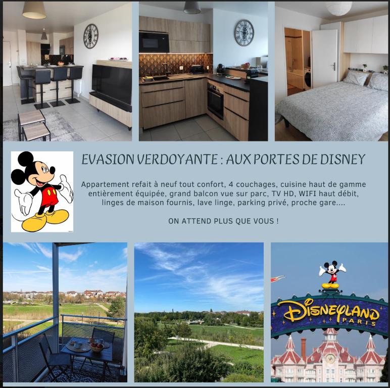 a collage of pictures of a kitchen and a room at Evasion verdoyante à Disney in Bussy-Saint-Georges