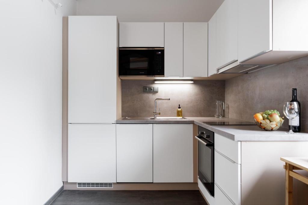 Kuchyň nebo kuchyňský kout v ubytování River Apartments