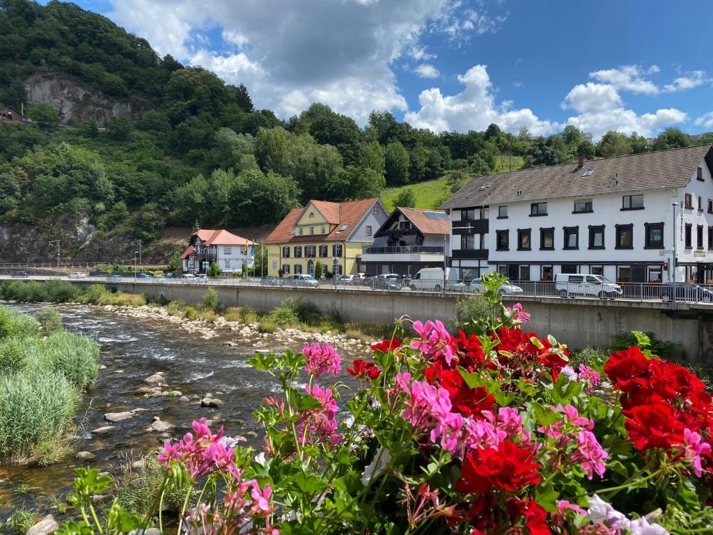 een rivier met bloemen voor de huizen bij Privatzimmer Staver in Weisenbach