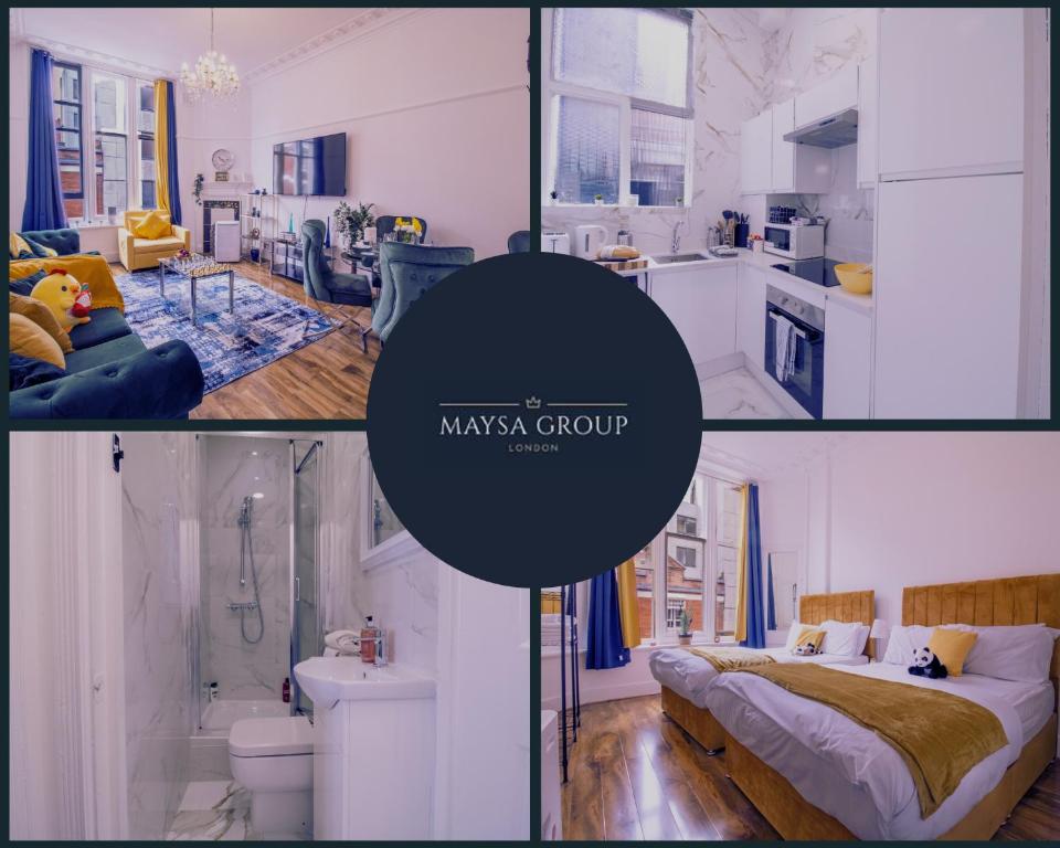 een collage van vier foto's van een slaapkamer en een badkamer bij Selfridges Skyline Suite Located Next to Bond Street in Londen
