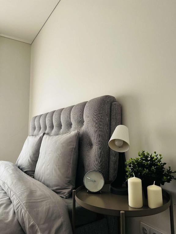 a living room with a couch and a table with a lamp at Milastos apartamentai in Birštonas
