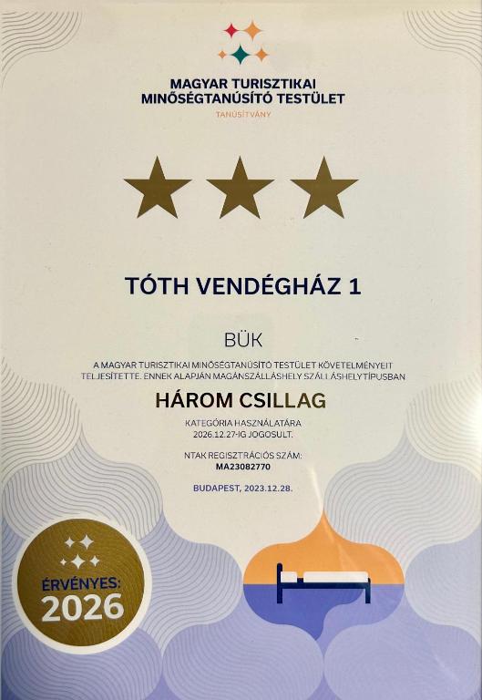 Certifikát, hodnocení, plakát nebo jiný dokument vystavený v ubytování Tóth Vendégház
