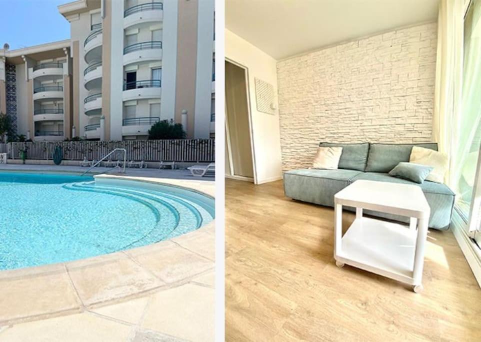 - un salon avec un canapé et une piscine dans l'établissement Superbe *Port Fréjus*Piscine*Lumineux* 5 personnes, à Fréjus