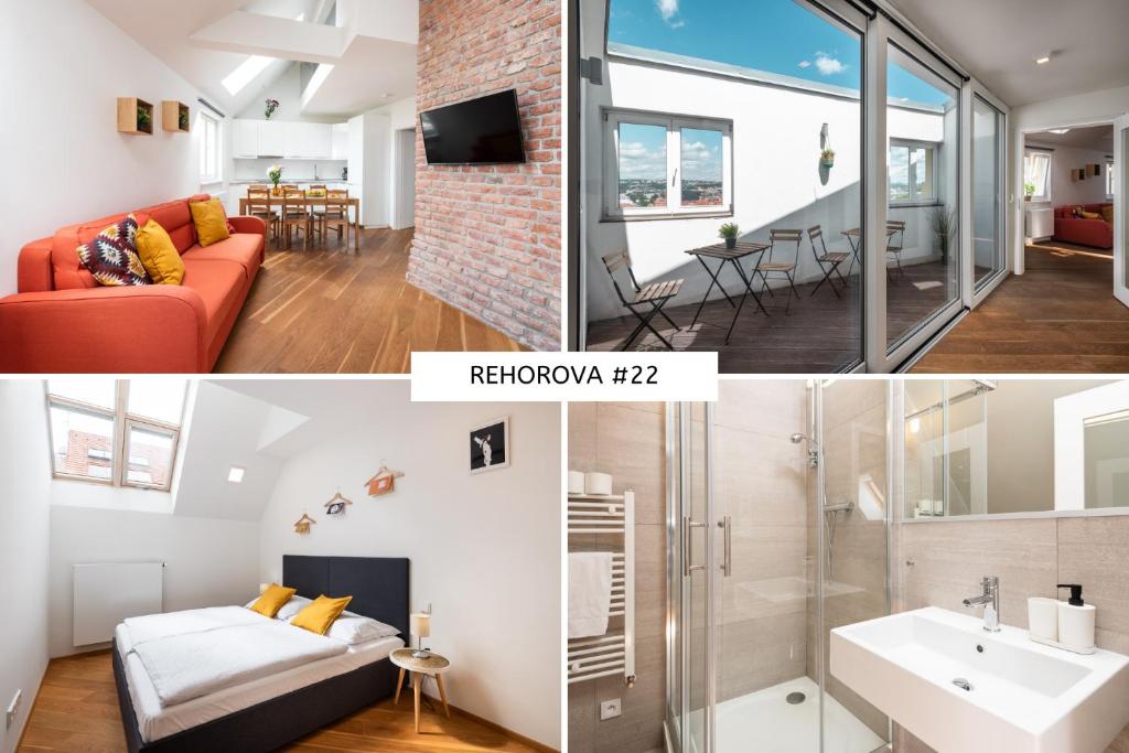 un soggiorno e una sala da pranzo con divano rosso di Rehorova apartments a Praga