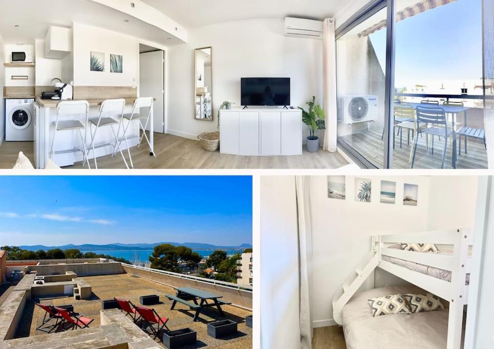 Il comprend une cuisine et un salon offrant une vue sur l'océan. dans l'établissement Superbe rooftop vue mer Port Santa Lucia 5 pers, à Saint-Raphaël