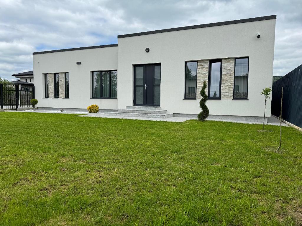 a white house with a green yard at Casa Andreea in Curtea de Argeş