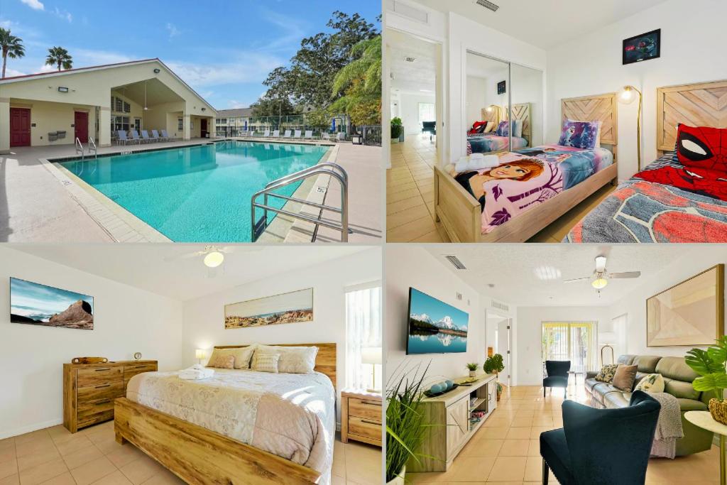a collage of three pictures of a bedroom and a pool at Spacious Condo W/ Pool,Gym near Disney & Seaworld in Kissimmee