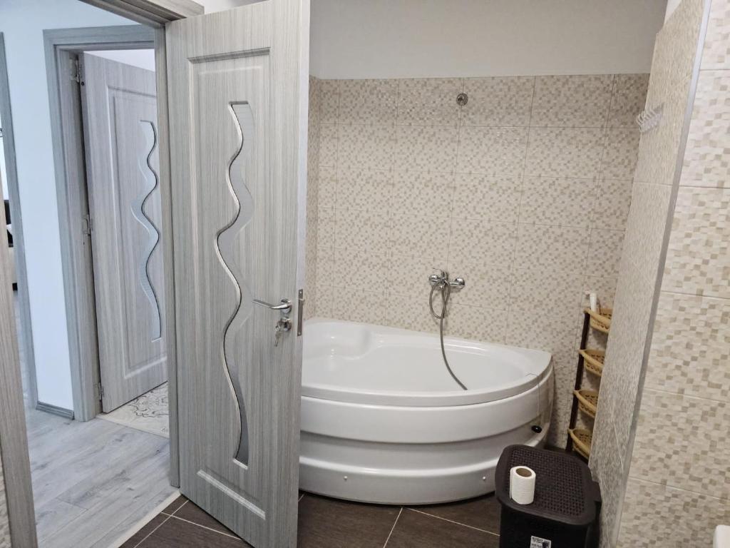 拉姆尼庫沃爾恰的住宿－Apartament edy，带浴缸和卫生间的浴室。