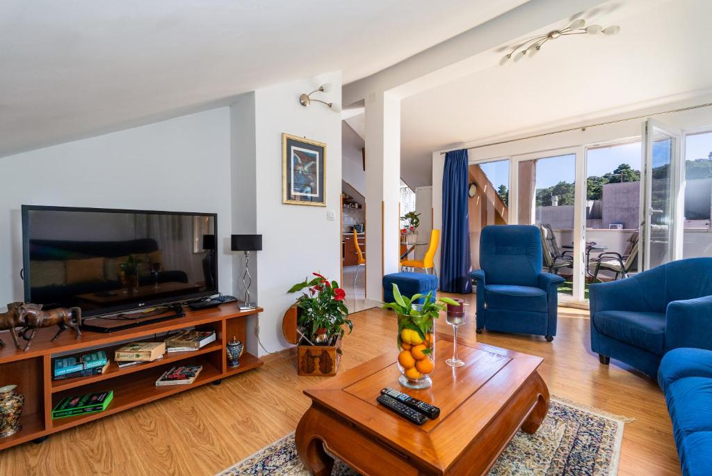 杜布羅夫尼克的住宿－Apartmani Kadena，客厅配有蓝色的沙发和电视