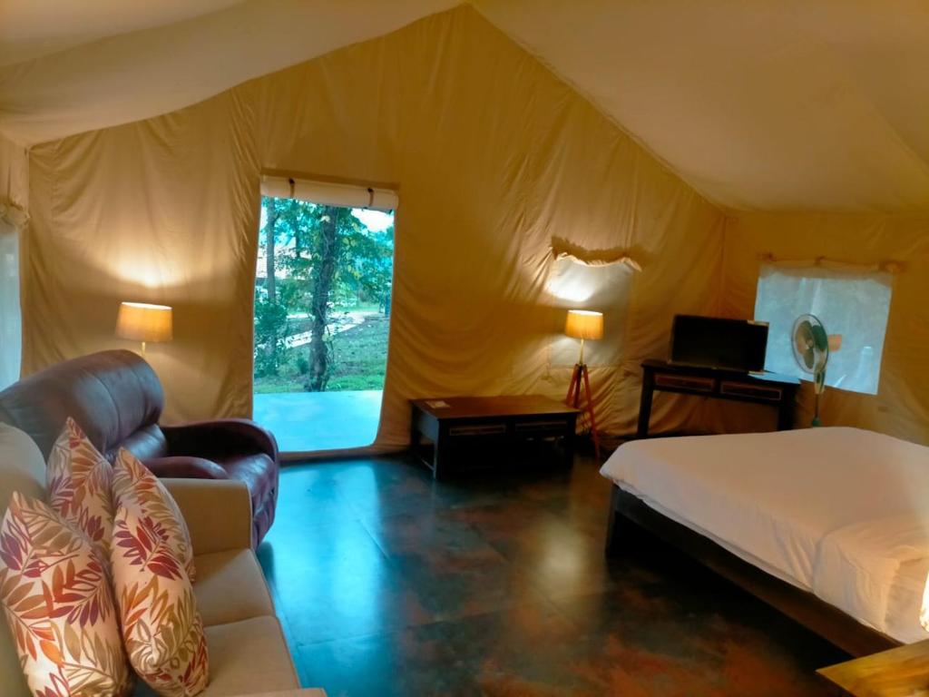 a bedroom with a bed and a couch in a tent at Coffeeberry Hills Chikamagalur in Chikmagalūr