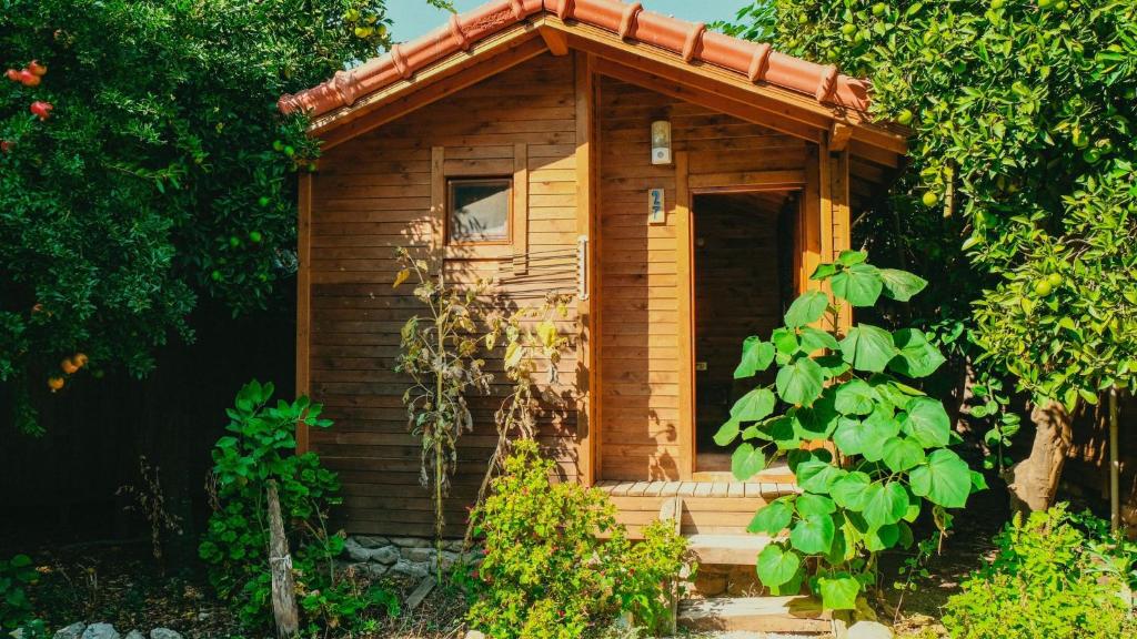 a small wooden cabin with stairs in a forest at Sheriff, Olympos in Kumluca