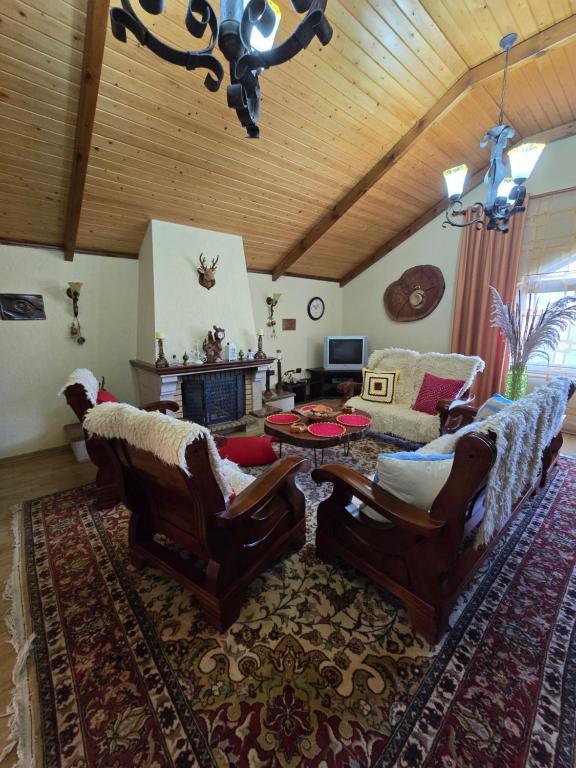 a living room with a couch and chairs and a table at Eni's Villa in Lezhë